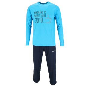   Dressa Home Coffee mintás feliratos hosszú ujjú férfi pamut pizsama - kék